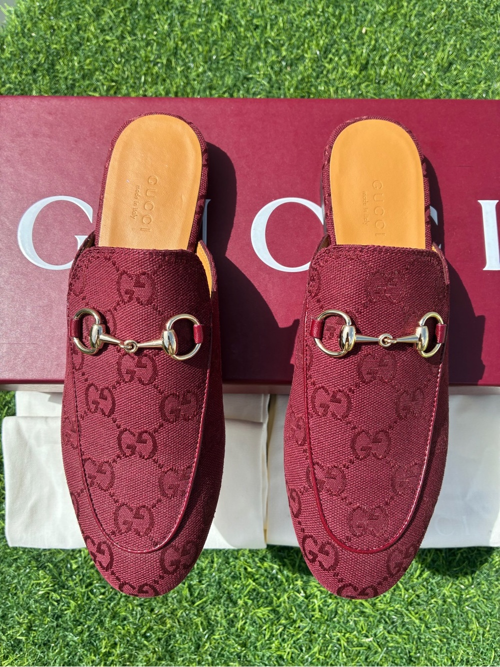 GUCCI PRINCETOWN MULE LOAFERS BURGUNDY GG MONOGRAM GOLD HORSEBIT SZ 35.5 NEW